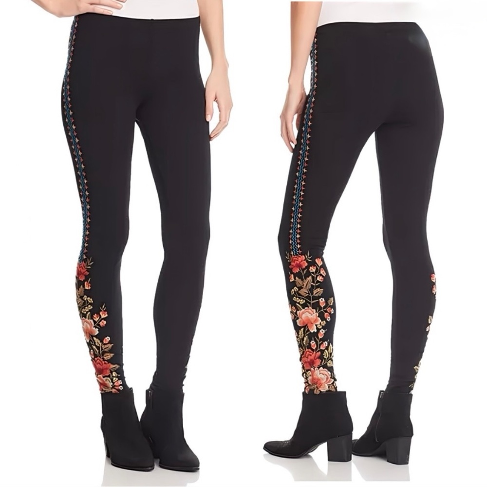 EUC [JW Los Angeles] Black + Pink Johnny Was Embroidered Floral Leggings | Small - Picture 11 of 12